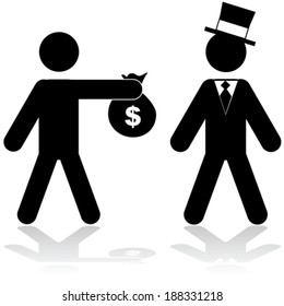 Concept vector illustration showing a man giving a bag of money to a rich person