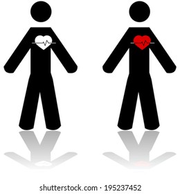 Concept vector illustration showing a man with an apparent heartbeat, and the heart in white or red