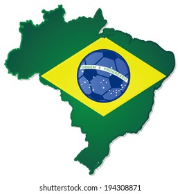 Concept vector illustration showing the map of Brazil with its flag on top of it and a soccer ball in the middle of the flag