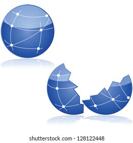 Concept vector illustration showing one globe with connections between dots to symbolize a network and the same globe broke in half.