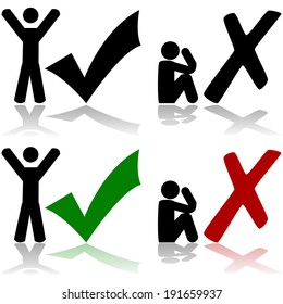 Concept vector illustration showing one man happy with a check mark beside him and another sad with an 'x' beside him