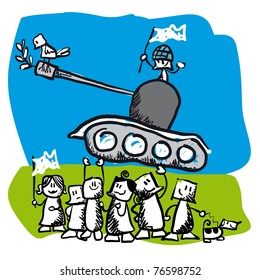 Concept vector illustration showing PEACE a cartoon tank