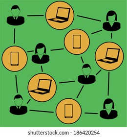 Concept vector illustration showing people connected by lines and smartphones and computers
