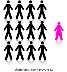 Concept vector illustration showing a pink woman being singled out from a man crowd