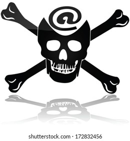 Concept vector illustration showing a pirate skull and bones sign with a symbol to represent Web piracy