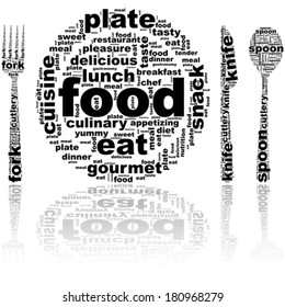 Concept Vector Illustration Showing A Plate And Cutlery Made Up Of Food Related Words