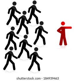 Concept vector illustration showing a red man pointing forward and a group of people following