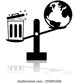 Concept vector illustration showing a scale balancing planet Earth with a garbage can