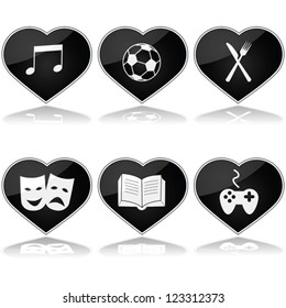 Concept vector illustration showing a set of hearts with different hobby interests inside them