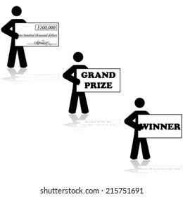 Concept Vector Illustration Showing A Stick Figure Character Holding A Cheque For Being A Grand Prize Winner In A Contest