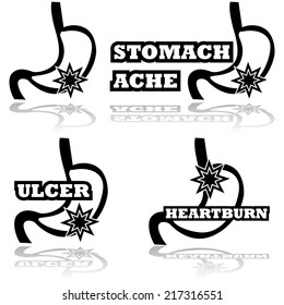 Concept vector illustration showing a stomach with a star to represent pain, and associated with different kinds of stomach problems