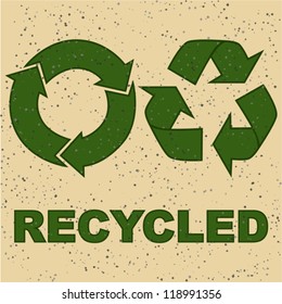 Concept vector illustration showing two recycling signs on a recycled paper texture