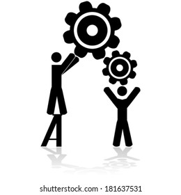 Concept vector illustration showing two people working together to assemble machine gears