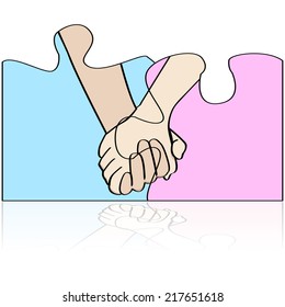 Concept vector illustration showing two holding hands connected in different pieces of a puzzle