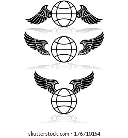Concept vector illustration showing a world globe with wings beside it in different angles and positions