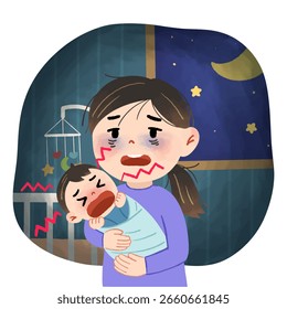 Concept vector illustration of Sleepless Mother Holding Crying Newborn Baby.
