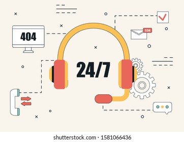 Concept vector illustration for support, call center, live chat assistance, landing page template. Customer service and mobile assistant with error 404, massage, phone, support 24/7.