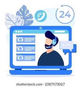 Concept vector illustration for support, call center. Customer service. Characters with headphones serving customers very swiftly.