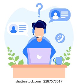 Concept vector illustration for support, call center. Customer service. Characters with headphones serving customers very swiftly.