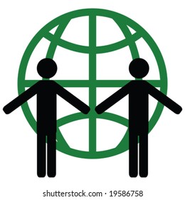 Concept vector illustration of two people holding hands in front of a green globe