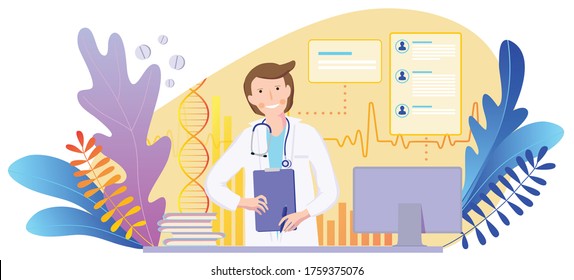 Concept Vector Illustration Of Virtual Doctor Visit. Medical Advice Online.
Doctor And Patients Having A Remote Consultation On Test Results, Health Concerns, Mental And Physical Wellbeing.
