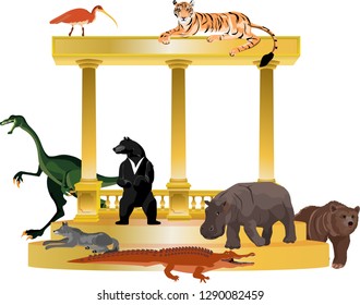 Concept vector illustration of wildlife, animals on arch with columns