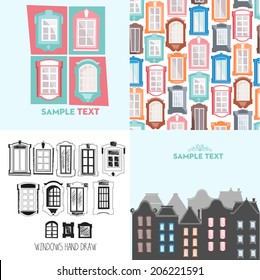 Concept vector illustration with windows. Seamless background of windows, silhouette of buildings, decorative window, hand-drawn window.