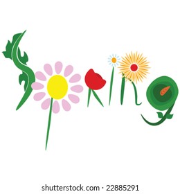 Concept vector illustration with the word spring decorated by different types of flowers