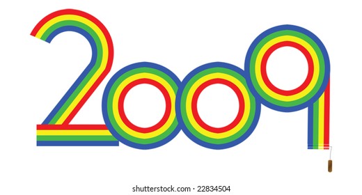 Concept vector illustration of the year 2009 being colorfully painted by a painter's roll