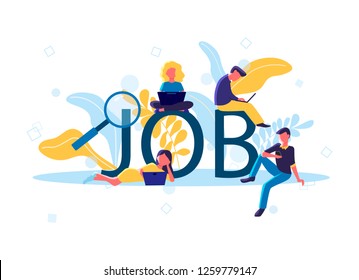 Concept vector illustration of young people using devices for job searching and hiring. Flat concept design of men and women fullfilling online and sending cv form using laptop