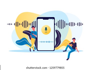 Concept vector illustration of young people with voice assistant, speaker recognition, voice controlled smart speaker. Voice activated digital assistants, voice identification. 