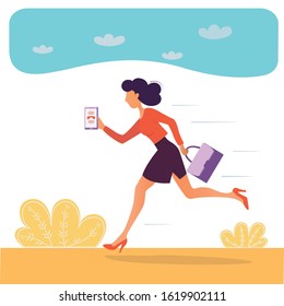 concept vector illustration young woman is running hard on extra call with smartphone in her hand 