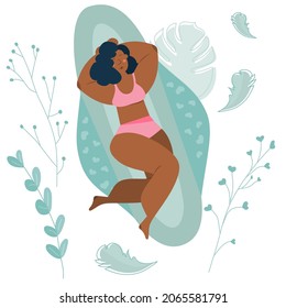Concept vector illustrations with body positive girls on Menstrual Sanitary Pads with elements: leaflet, monstera, feather . The menstrual period cycle or PMS is NORMAL