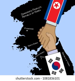 concept vector image of South And North Korea truce with shaking hands and countries maps