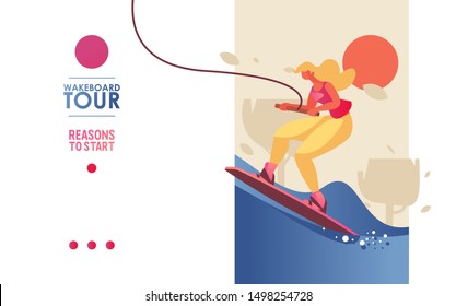 Concept vector landing page or banner template with young woman riding board on wakeboard tour. Bright colors, trees and blue waves of lake or sea, good for extreme water sports school 