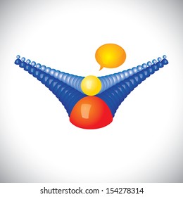 concept vector of leadership & leader talking to followers. This vector graphic illustration shows person as red & yellow icon in front interacting with employees or office staff or workers