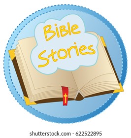 Concept vector logo of opened Bible book with floating cloud with name "Bible Stories", everything on a blue badge, isolated on white background; made using computer graphics
