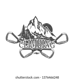 Concept of vector logo. Rock climbing label. Landscape of mountain and rock. Active lifestyle symbol, emblem, element, print.