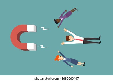 Concept vector of magnet anchoring cheerful office workers on blue background