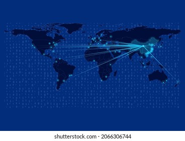 Concept vector map for People's Republic of China, People's Republic of China map with connections to major cities around the world. Internet or smart cities or business concept image vector 