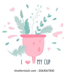 Vector conceptual con taza menstrual y flores para ciclo menstrual o PMS