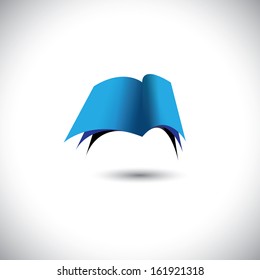 Concept vector - Open blue paper book icon with pages. The graphic can represent concepts like knowledge, learning, library, etc