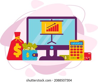 The concept of the vector of pension investments. Financial chart on the computer monitor. Money and calculator. Illustration in an isolated flat style.