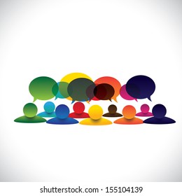 concept vector of people group talking or employee discussions. The graphic also represents social media interaction & engagement, children talking in school, workers opinion, community talk