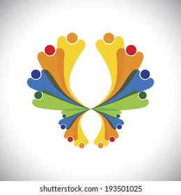 concept vector - people joyful & excited & having fun. This colorful graphic can also represent icons of children jumping, people celebrating, friends bonding, family get-together, kids playing