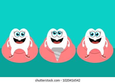 Concept vector picture of tooth with dowel among happy teeth in mouth. Dental implant concept. Eps vector illustration.