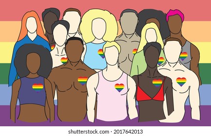 concept vector portrait of pride people, man, woman. LGBT community. LGBTQ. gay, queer, transgender. multiracial. LGBT hearts illustration