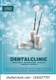 the concept of vector realistic illustration. Tooth on a blue green sparkling background. Professional teeth whitening ad design template.