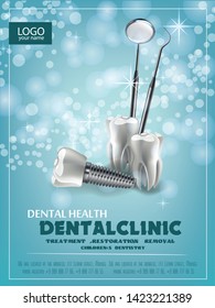 concept of vector realistic. Tooth on a blue green sparkling background.