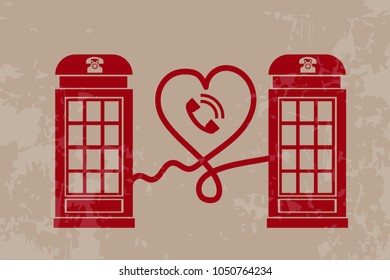 Concept vector red phone boxes connecting loving people giving possibility for communication. Love for communication concept. Eps vector illustration, horizontal image, flat design